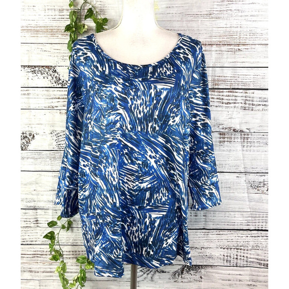 Robert Louis Tunic Top Plus size 1X Blue White Stretch Tropical Modest Casual - Picture 1 of 16